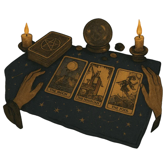 Ilustração de uma mesa de leitura de tarot com cartas de tarot e elementos místicos
