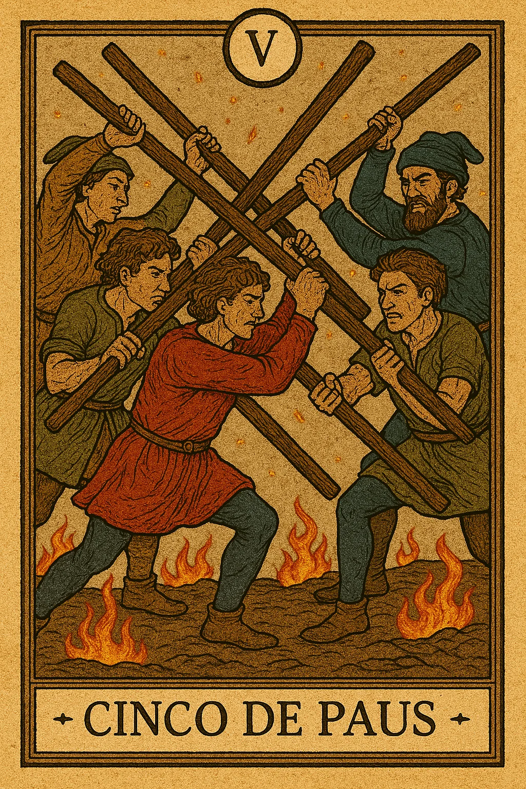 Cinco de Paus - Carta de Tarot representando conflito, competição e desafio