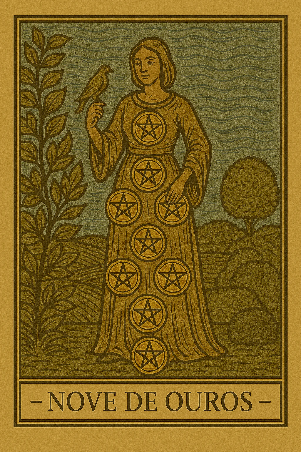 Nove de Ouros - Carta de Tarot representando independência, conquista e autossuficiência