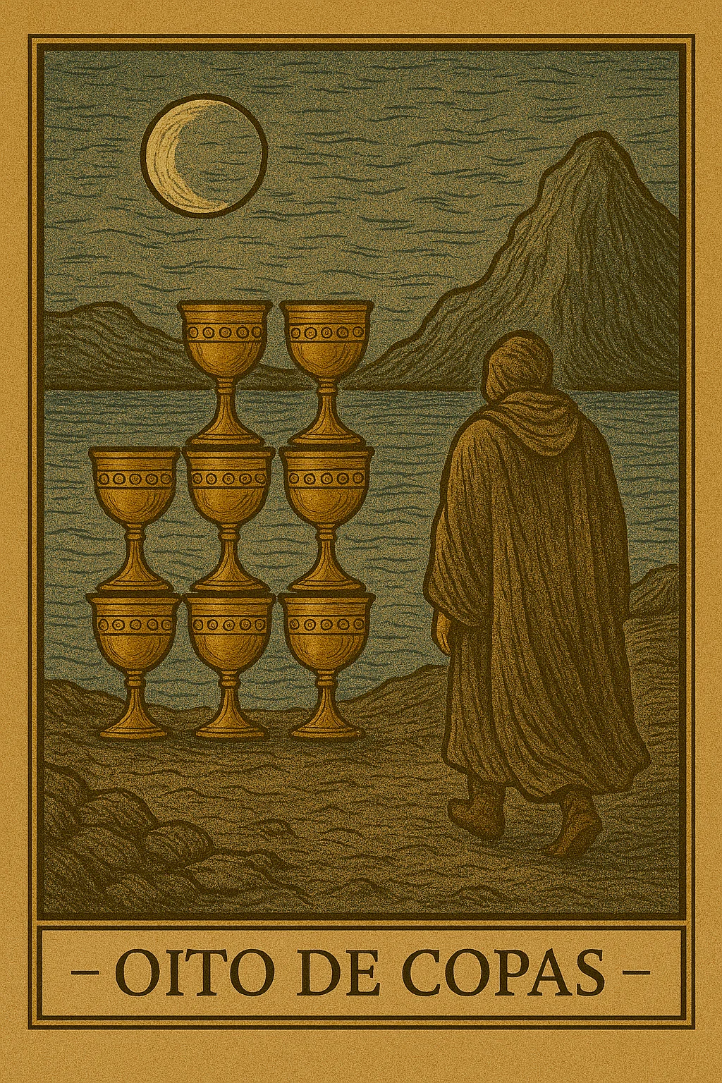 Oito de Copas - Carta de Tarot representando partida, busca espiritual e desapego