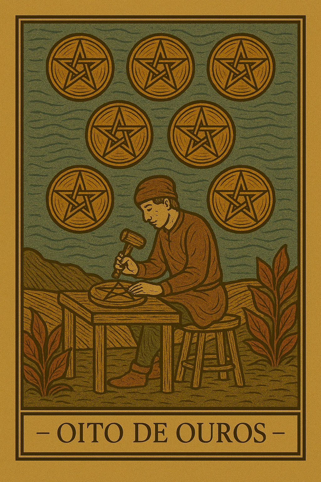 Oito de Ouros - Carta de Tarot representando dedicação, aperfeiçoamento e habilidade