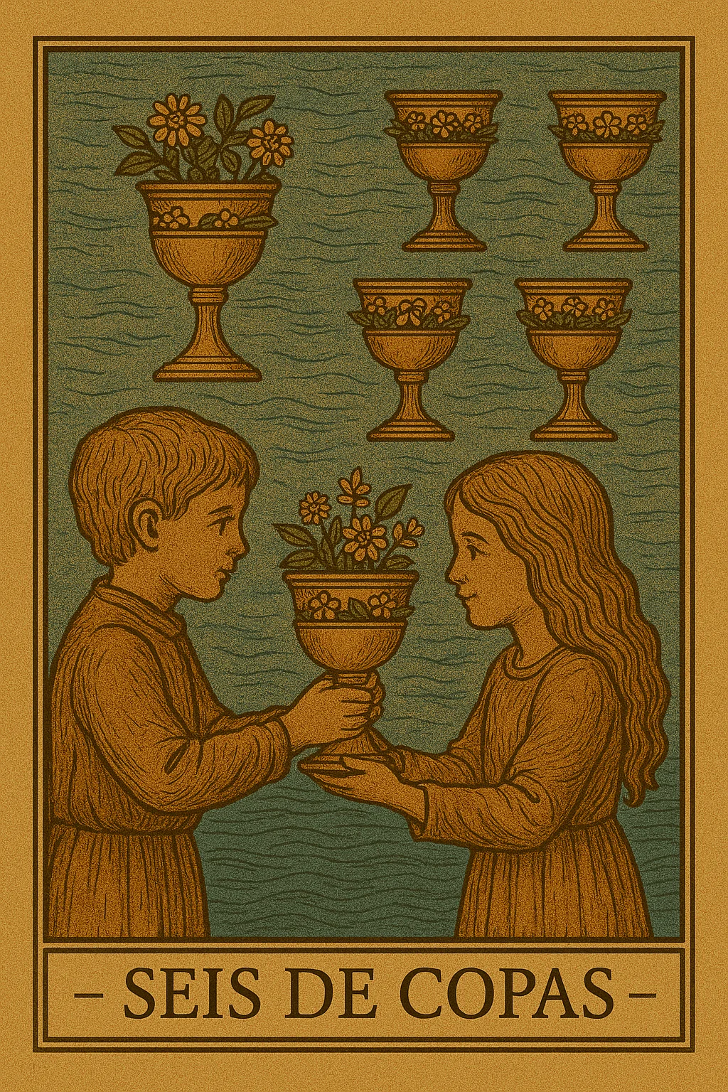 Seis de Copas - Carta de Tarot representando nostalgia, infância e generosidade emocional