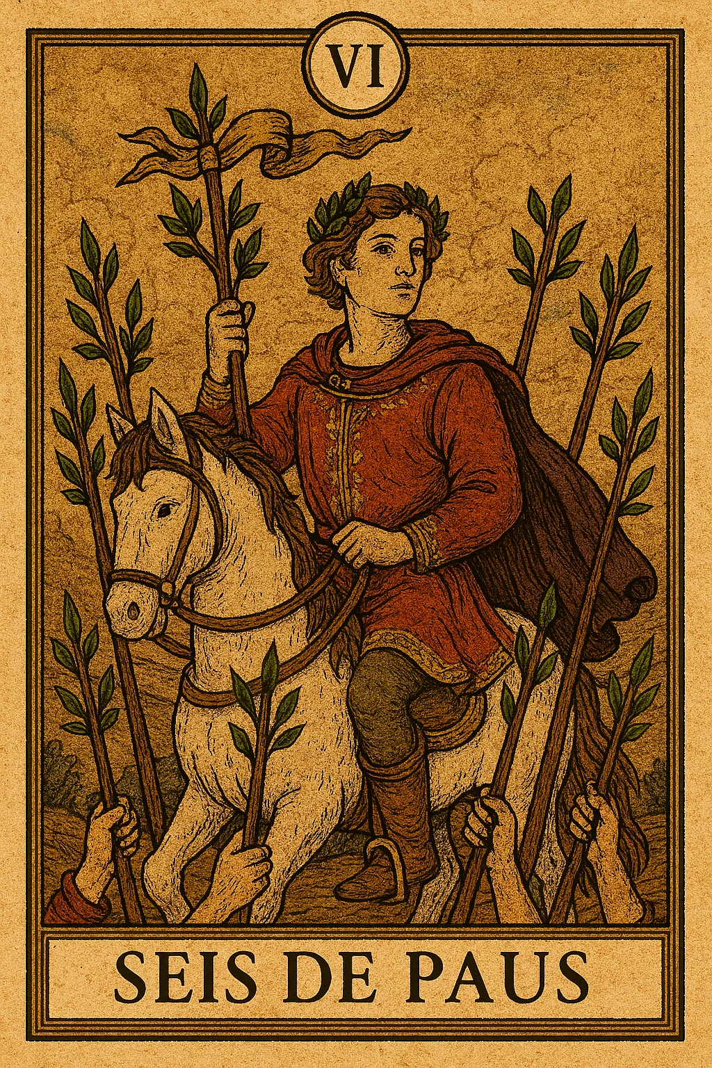 Seis de Paus - Carta de Tarot representando vitória, reconhecimento e triunfo
