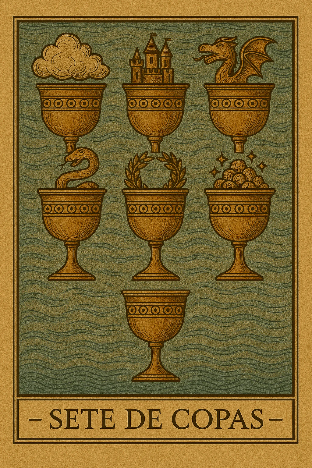 Sete de Copas - Carta de Tarot representando escolhas, sonhos e o perigo das ilusões