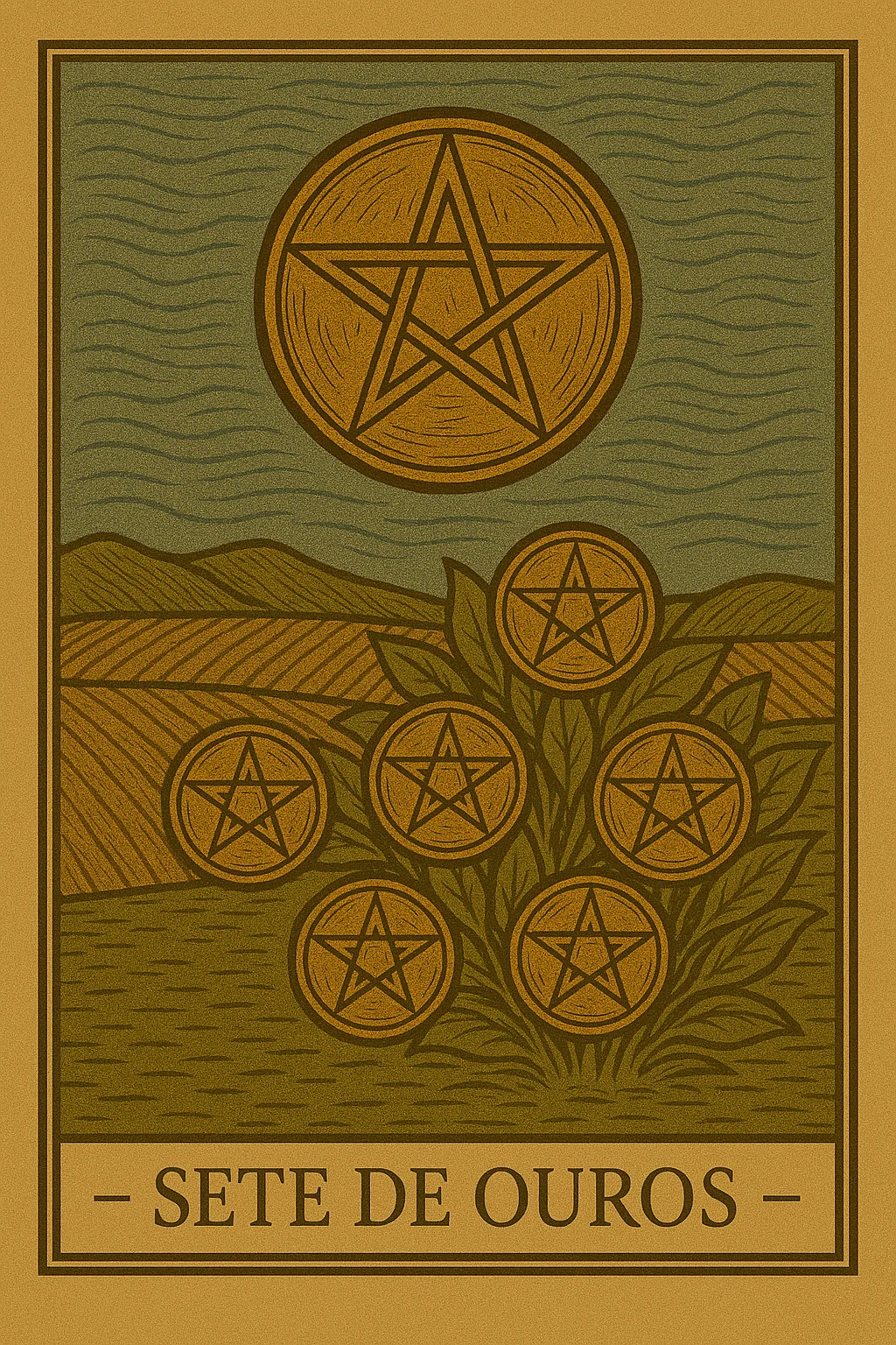 Sete de Ouros - Carta de Tarot representando paciência, avaliação e investimento