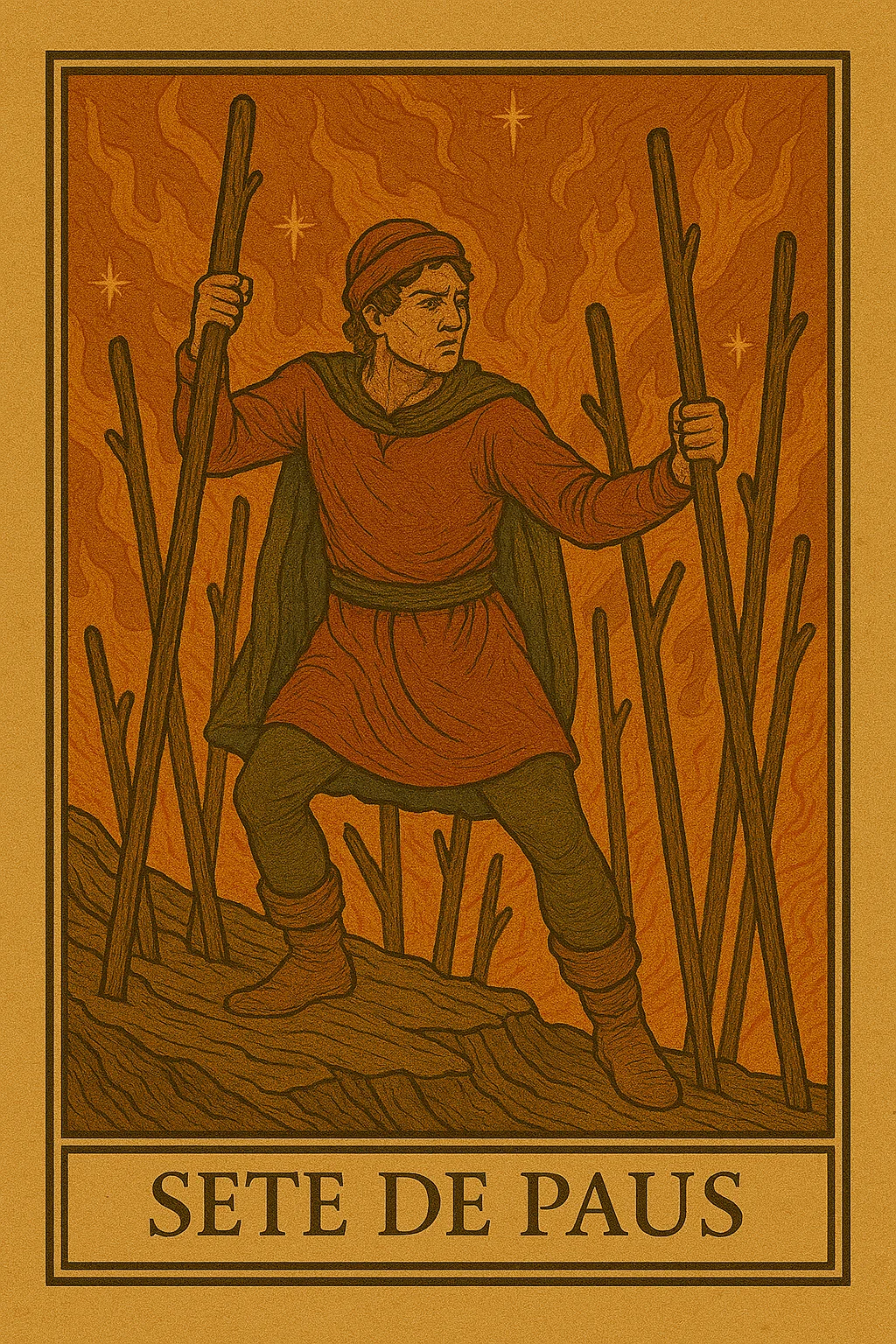 Sete de Paus - Carta de Tarot representando defesa, coragem e perseverança