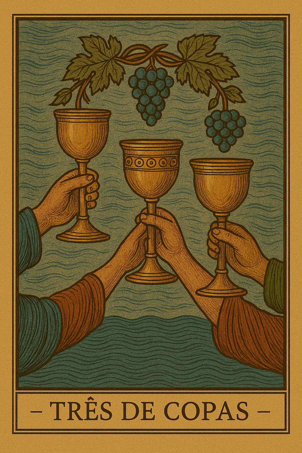 Três de Copas - Carta de Tarot representando celebração, amizade e alegria em grupo