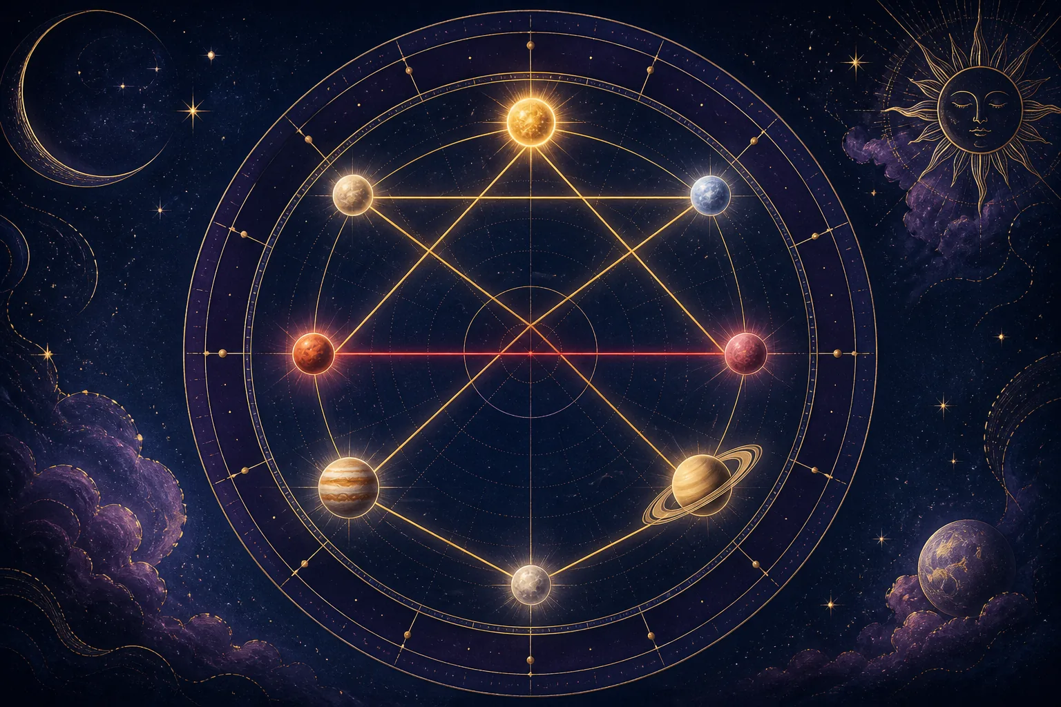 Planetas ligados por triângulos dourados e uma linha de oposição em um mapa astral