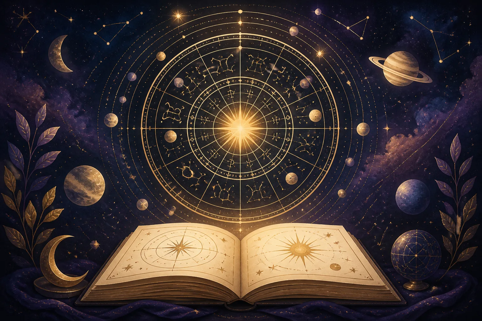Roda astrológica luminosa sobre um livro celeste, representando o estudo de um mapa astral