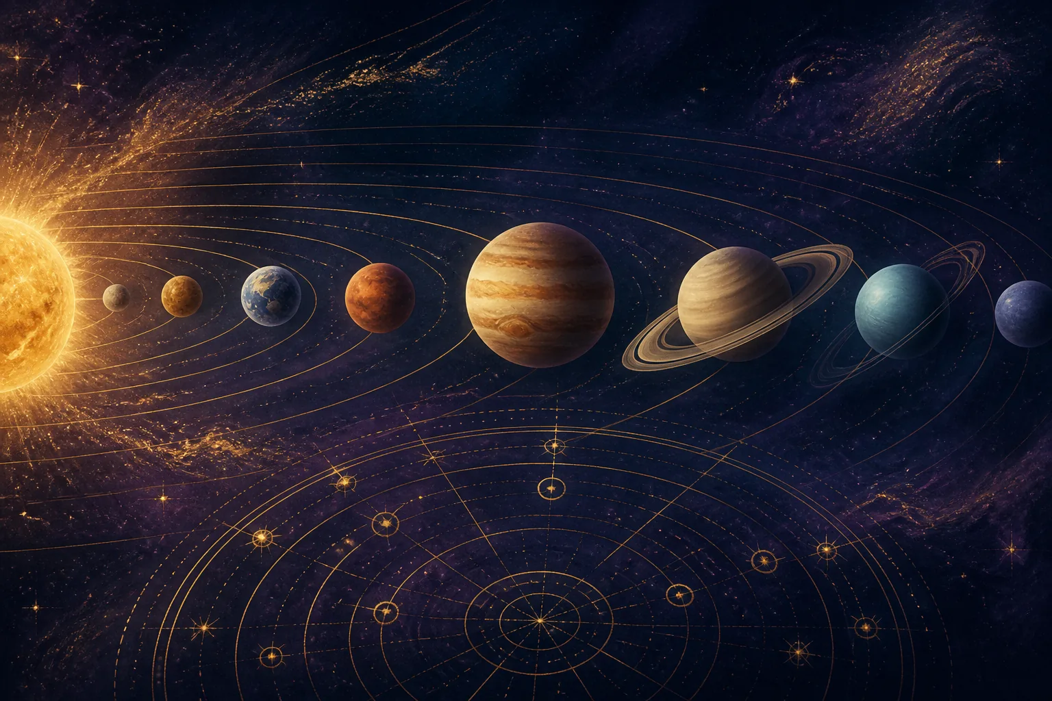 Planetas organizados em órbitas sobre uma roda de mapa astral