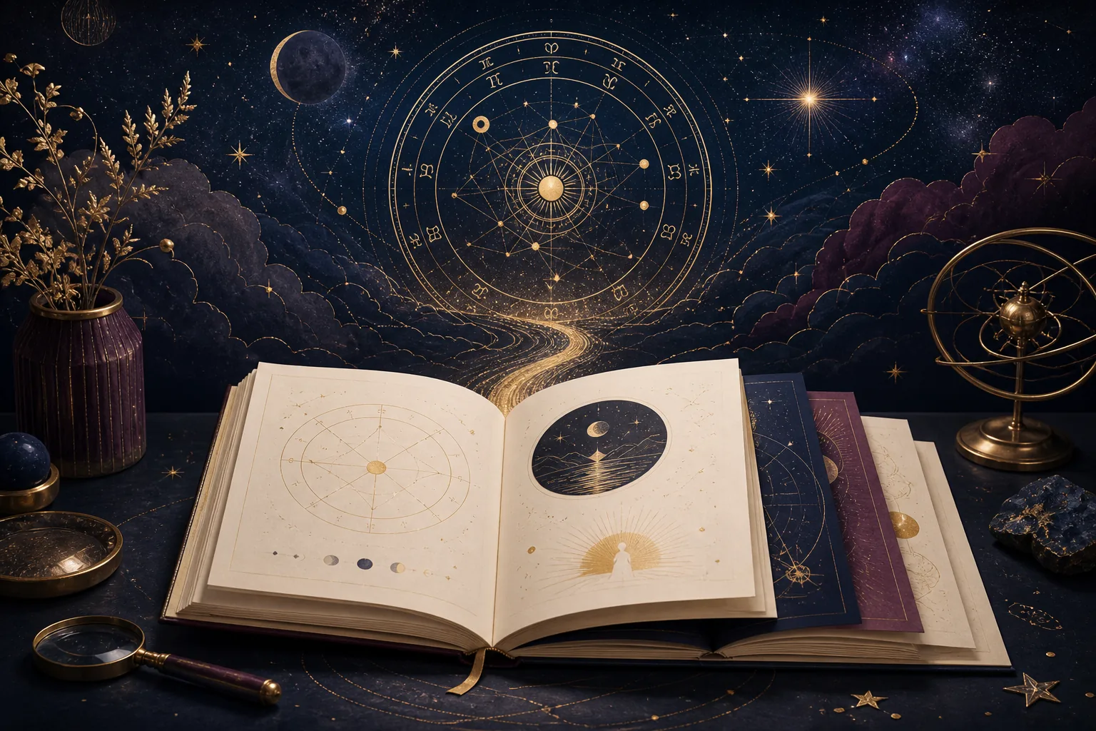 Livro de relatório personalizado aberto diante de uma roda astrológica luminosa