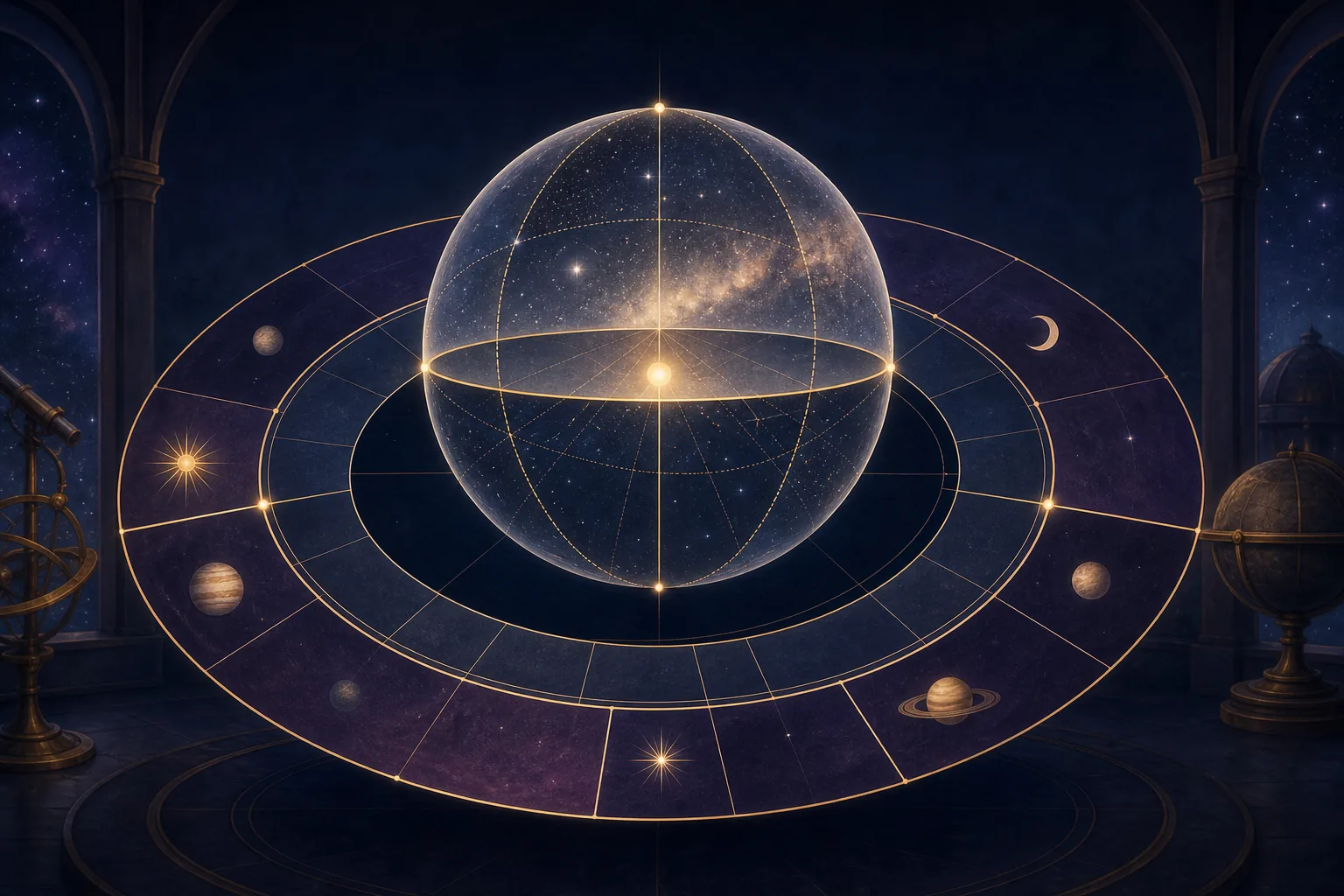Esfera celeste cruzada pelo horizonte e dividida em setores desiguais do sistema Placidus