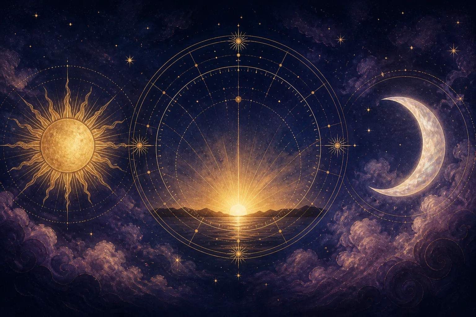 Sol, Lua e horizonte nascente formando o trio principal do mapa astral